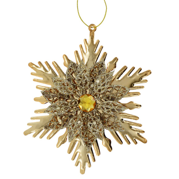 Gold Poinsettia Christmas Tree Ornament Snowflake 5" Metal Rhinestone New - Picture 3 of 5